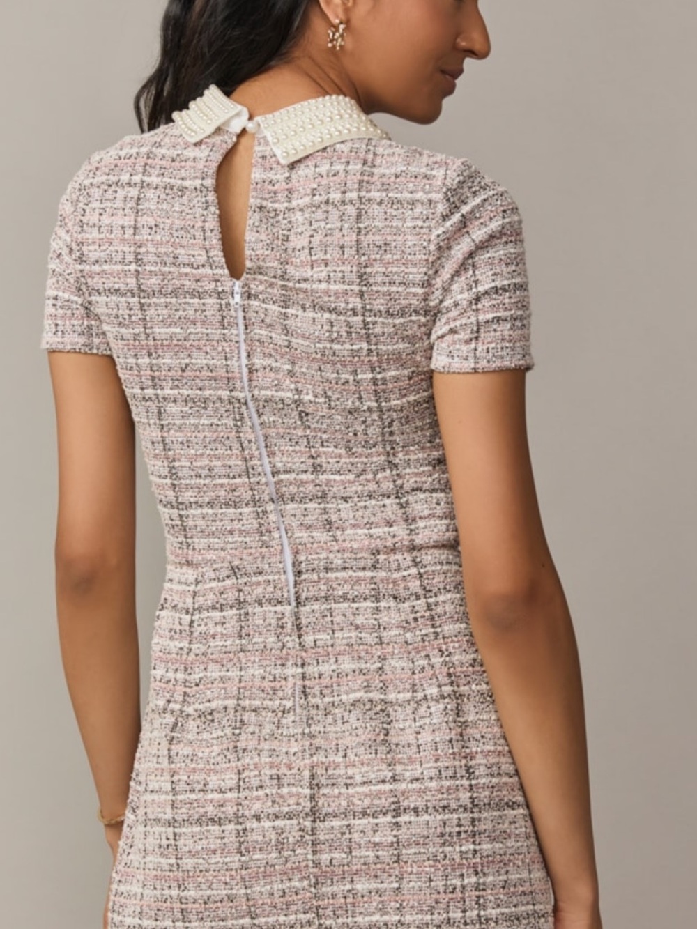 NEW! Francesca's Collections Pink & White Pearl-Collar Tweed Mini Dress - Picture 2 of 7